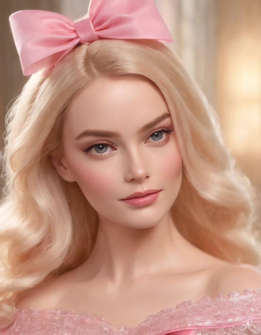 Cinematic scene,, Margot Robbie as Barbie,(photorealistic:1.4),shallow focus,establishing wide shot,1 girl, solo, cute face, (blush,shy:1.3),long eyelashes, (light yellow long soft waves hair:1.2), (huge-pink-bow headdress:1.3), cartoon_portrait, BEAK (The Mesh Overlay Dress: Wearing a dress with a delicate mesh overlay, adding an element of allure to her ensemble:1.2), playful dynamic pose, BEAK, (style of Barbie pink), (photorealistic:1.6),(best quality, masterpiece, intricate detail), highly detailed, depth of field, nature lights,upper body
