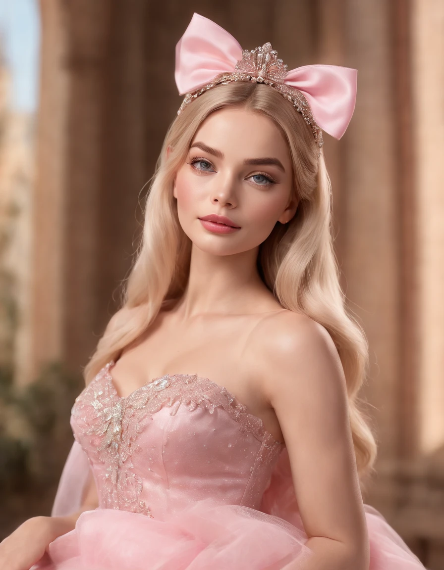 Cinematic scene,, Margot Robbie as Barbie,(photorealistic:1.4),shallow focus,establishing wide shot,1 girl, solo, cute face, (blush,shy:1.3),long eyelashes, (light yellow long soft waves hair:1.2), (huge-pink-bow headdress:1.3), cartoon_portrait, BEAK (The Mesh Overlay Dress: Wearing a dress with a delicate mesh overlay, adding an element of allure to her ensemble:1.2), playful dynamic pose, BEAK, (style of Barbie pink), (photorealistic:1.6),(best quality, masterpiece, intricate detail), highly detailed, depth of field, nature lights，upper body