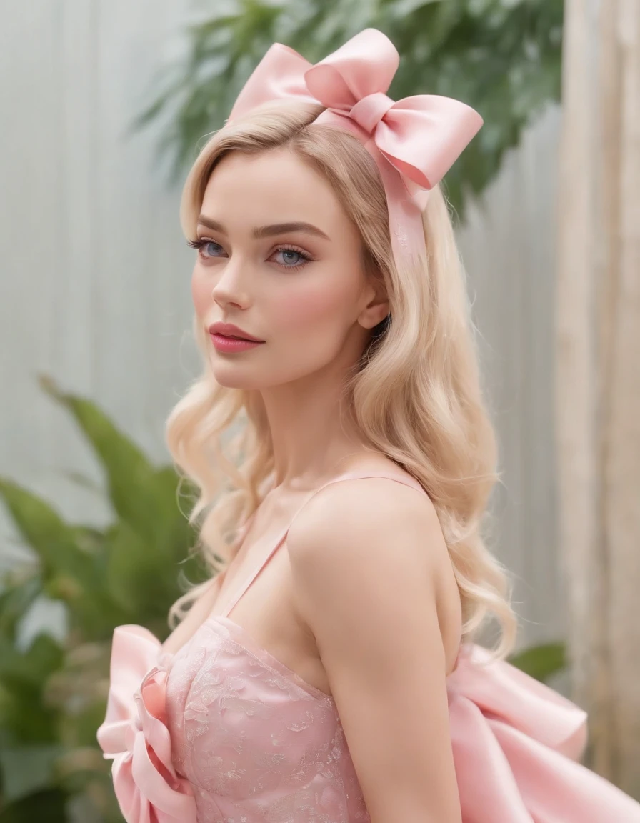Cinematic scene,, Margot Robbie as Barbie,(photorealistic:1.4),shallow focus,establishing wide shot,1 girl, solo, cute face, (blush,shy:1.3),long eyelashes, (light yellow long soft waves hair:1.2), (huge-pink-bow headdress:1.3), cartoon_portrait, BEAK (The Mesh Overlay Dress: Wearing a dress with a delicate mesh overlay, adding an element of allure to her ensemble:1.2), playful dynamic pose, BEAK, (style of Barbie pink), (photorealistic:1.6),(best quality, masterpiece, intricate detail), highly detailed, depth of field, nature lights,upper body