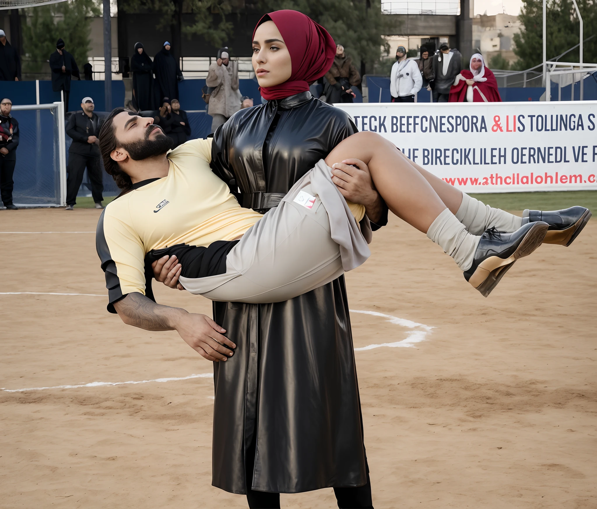 there is a saudi woman in a black caftan, a saudi woman in a shiny abaya, a saudi woman in a shiny plastic-caftan, a veiled saudi woman in a shiny black caftan, a hijabi saudi woman in a high shine black plastic-abaya,, passed out bearded man, a fainted bearded man, a consciousless bearded man, a woman and a bearded man, sdaudi woman carries the wounded man's body in her hands, Andrea grabs his legs and his body with her hands, the bearded man in the woman's arms is visibly in pain, stadium atmosphere, the bearded man is lying consciousless in Andrea's arms with one arm hanging down, A scene at a soccer stadium, a bearded man lying in a caring women's arms, lying helpless in her arms with his head dangling down, he has one arm dangling down while being carried in the women's arms, There is an attractive and heavily made-up woman in a long black leather coat, A pretty woman in a shiny black leather coat on a soccer field, A wonderful woman is holding a passed out man, A man in matt and roughened sportswear is held diagonal in her arms, a man in a woman's arms and lets one arm dangling down, we see the man held in front of the woman's body, the man is cradled in the woman's arm while being carried, the beautiful woman is exceptionally heavily made up and has an extremely desperate and very angry expression on her face, high-resolution photo, realistic sports photo, soccer scene, woman in black shiny long leather coat, injury scene, real photo, ultra realistic, high definition, sports photography