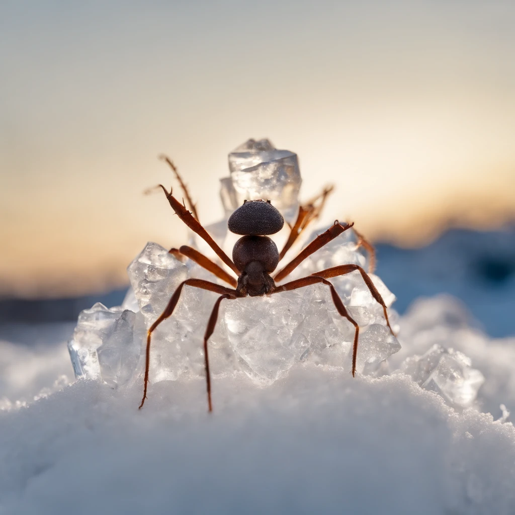 an ants stands on a piece of beautiful crystal snowflake dropping from the air