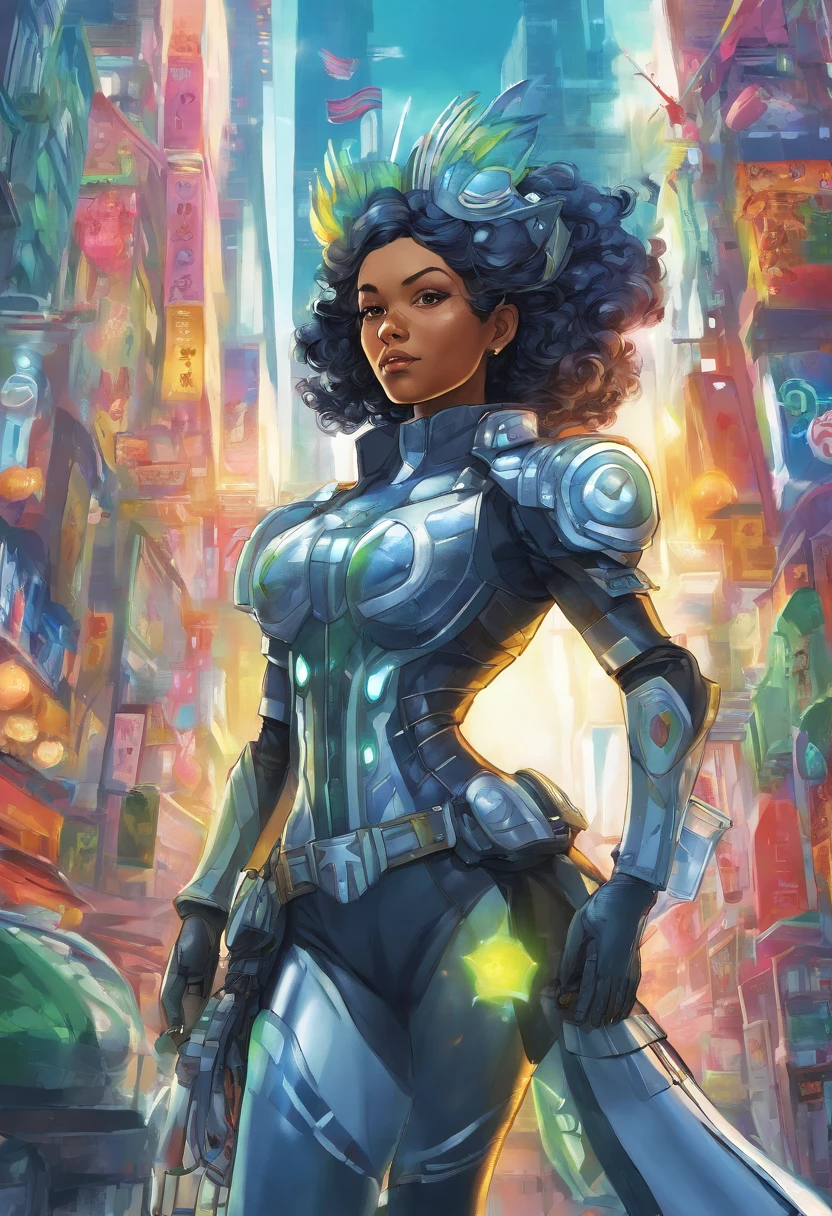 Generate a cartoon caricature image of a solarpunk-inspired eco-street guardian knight in a lush, vibrant metropolis. The guardian is a strong and determined Asian woman with big eyes and overexxaturated facial features, wearing futuristic, lightweight solar-powered full-body armor with a golden sheen. Her armor incorporates elements reminiscent of a 1900s policeman's uniform while still maintaining its solarpunk design. A star-shaped crest is visible on her chest. Her face is uncovered, radiating determination as she patrols the eco-friendly streets. The cityscape around her is a thriving, green paradise, with advanced solar technology seamlessly integrated into the architecture. This guardian symbolizes sustainability and protection in this utopian urban setting while proudly representing her Mohawk heritage with a touch of historical flair.