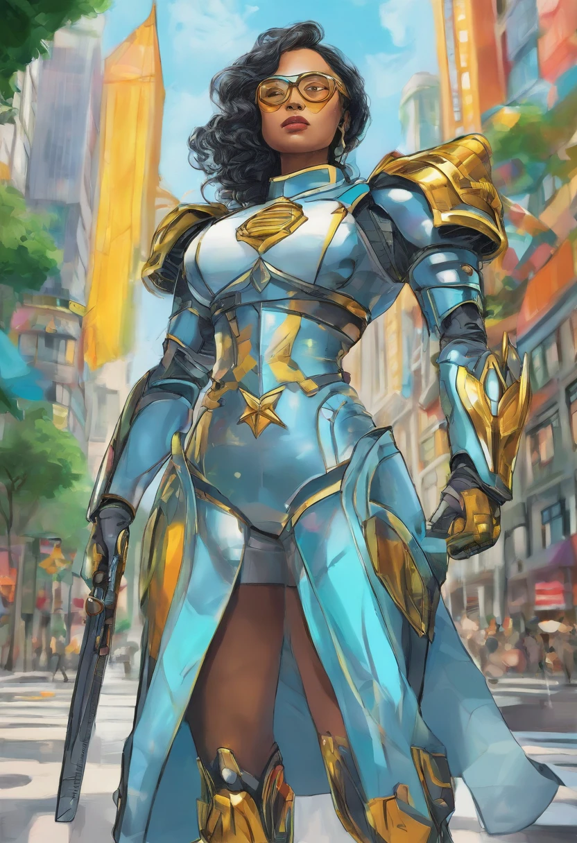 Generate a cartoon caricature image of a solarpunk-inspired eco-street guardian knight in a lush, vibrant metropolis. The guardian is a strong and determined Asian woman with big eyes and overexxaturated facial features, wearing futuristic, lightweight solar-powered full-body armor with a golden sheen. Her armor incorporates elements reminiscent of a 1900s policeman's uniform while still maintaining its solarpunk design. A star-shaped crest is visible on her chest. Her face is uncovered, radiating determination as she patrols the eco-friendly streets. The cityscape around her is a thriving, green paradise, with advanced solar technology seamlessly integrated into the architecture. This guardian symbolizes sustainability and protection in this utopian urban setting while proudly representing her Mohawk heritage with a touch of historical flair.