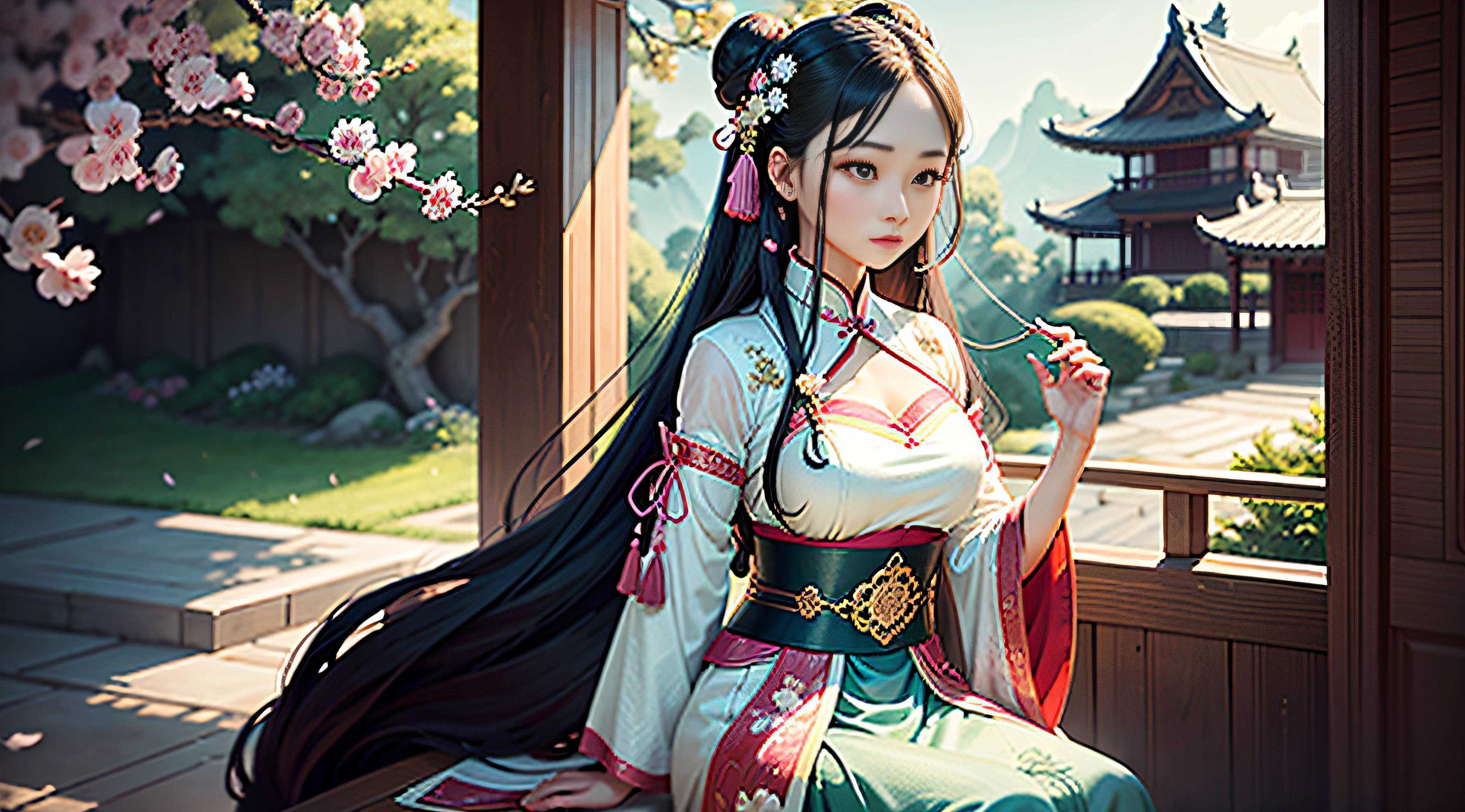 Physical features:She is a demure and gorgeous beauty,The skin is like white jade,Beautiful face,The five features are distinct。She has bright and deep eyes,The corners of the eyes rose slightly,Exudes wisdom and a soft expression。Her long hair was coiled into a delicate bun,It's dotted with delicate hairpins and jewelry。
trappings:She wore a gorgeous Hanfu,The colors of the clothing are mainly light pink and blue,It is embroidered with exquisite florals and ornaments。Her cuffs and hem are decorated with gold thread and jewelry,It exudes a faint aroma。She wears a thin belt around her waist,It's beautiful。
Gesture and background:She sat in front of an ancient screen,The screen is painted with traditional landscape paintings,Adds a classical atmosphere。She gently held a pink cherry blossom in her hand,Dancing in the breeze,As if she were part of nature。She tilted her head slightly,Gaze ahead gracefully,Exudes confidence and elegance。
Light and atmosphere:The light in the picture is soft and warm,Illuminate her face from one side,Creates silence、Peaceful atmosphere。Peaceful surroundings,Only the rustle of the breeze blowing through the cherry blossom leaves。
These descriptions can help you or an AI image generation tool create a work of art with the style of a classical Chinese beauty。Hopefully, this helps fulfill your creative aspirations!