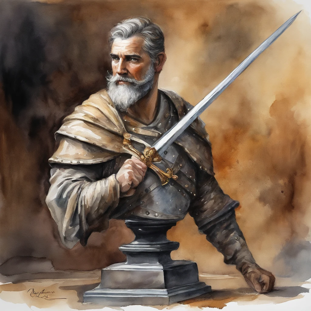 bust of a man with a sword, highly detailed character, high detail iconic character, fantasy assassin, male medieval assassin, holds a sword, bust portrait of an assassin, resin statue, medieval fantasy game art