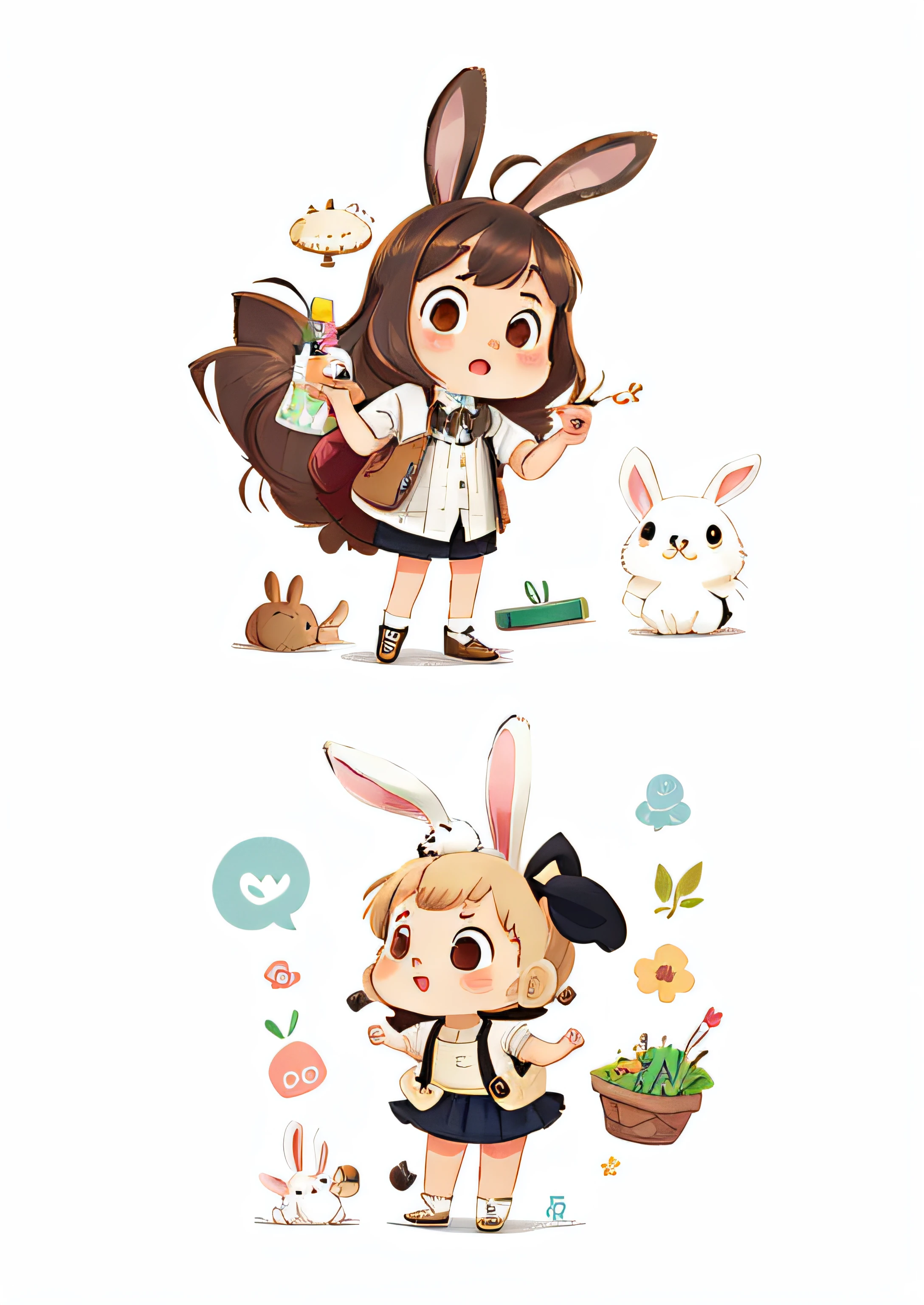 Cartoon bunny with black vest and white shirt, cute anthropomorphic bunny, original chibi bunny girl, bunny leg, Rabbit, with long floppy rabbit ears, anthropomorphic rabbit, cute character, with big rabbit ears,with bunny ears