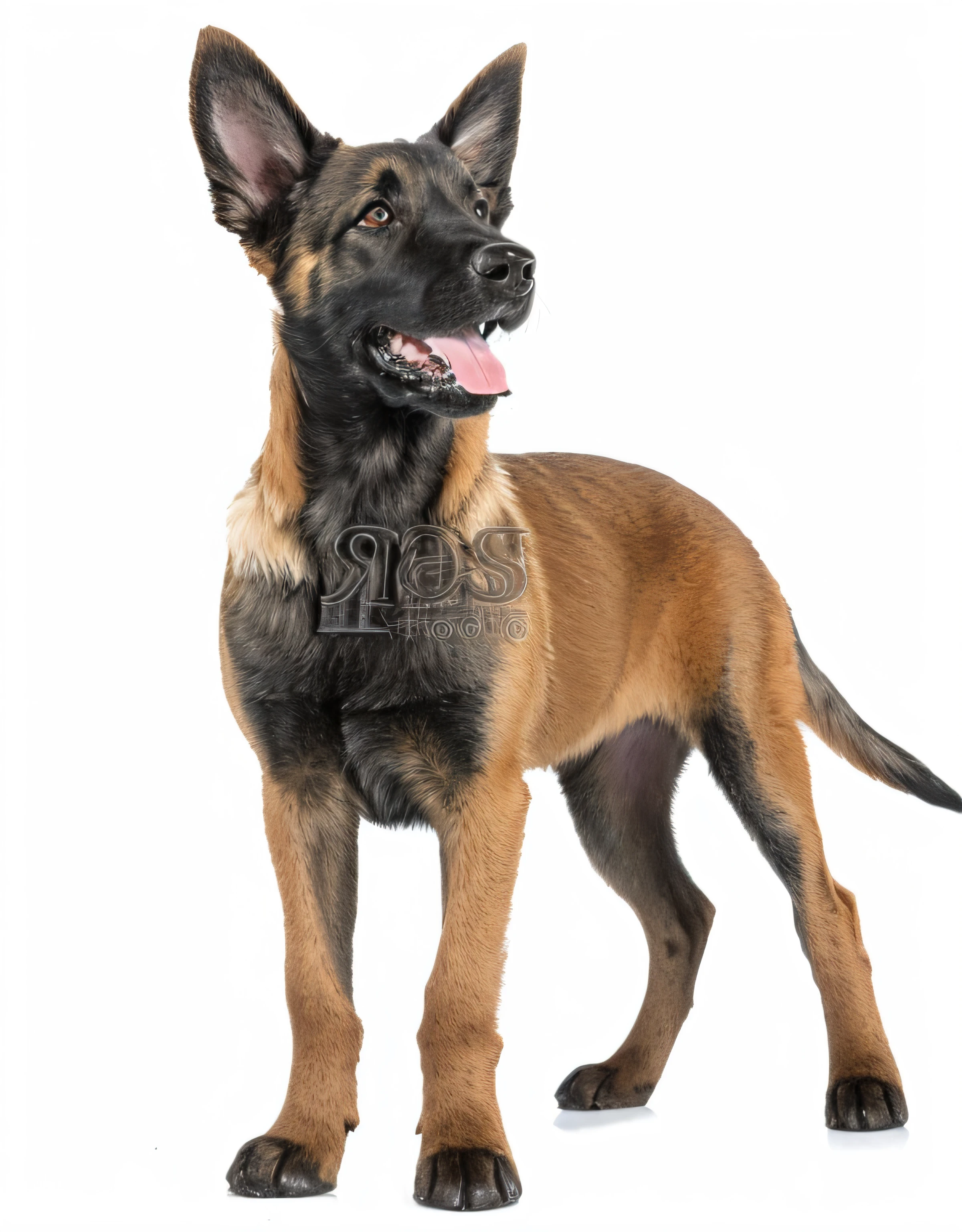 of a real,Realistic,The Allafed dog stands on a white surface with its tongue sticking out, German Shepherd Puppies, beautiful photograph, highly detailed photo of happy, doggy, high-resolution details, looking away from camera, a Dog, Sharp ears, Side posture, adult dog, an afghan male type, very tasty, Breed: Russian brown toy terrier, Extremely detailed side angles, K9