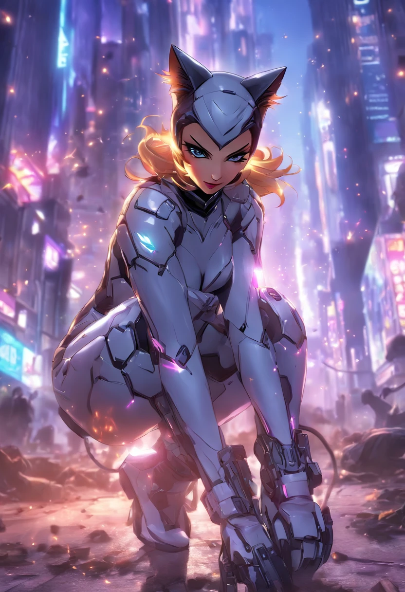 ((Best quality)), ((tmasterpiece)), ((realisticlying)), (A detailed), (Fotor is realistic:1.5), Futuristic Catwoman, (white business suit), Lights in armor, Network cap, looking at viewert, dynamicposes, postapocalyptic, Destroyed city funds, burning building, scientific fiction, hdr, Ray traching, NVIDIA RTX, Hyper-Resolution, Unreal 5, Subsoil scattering,