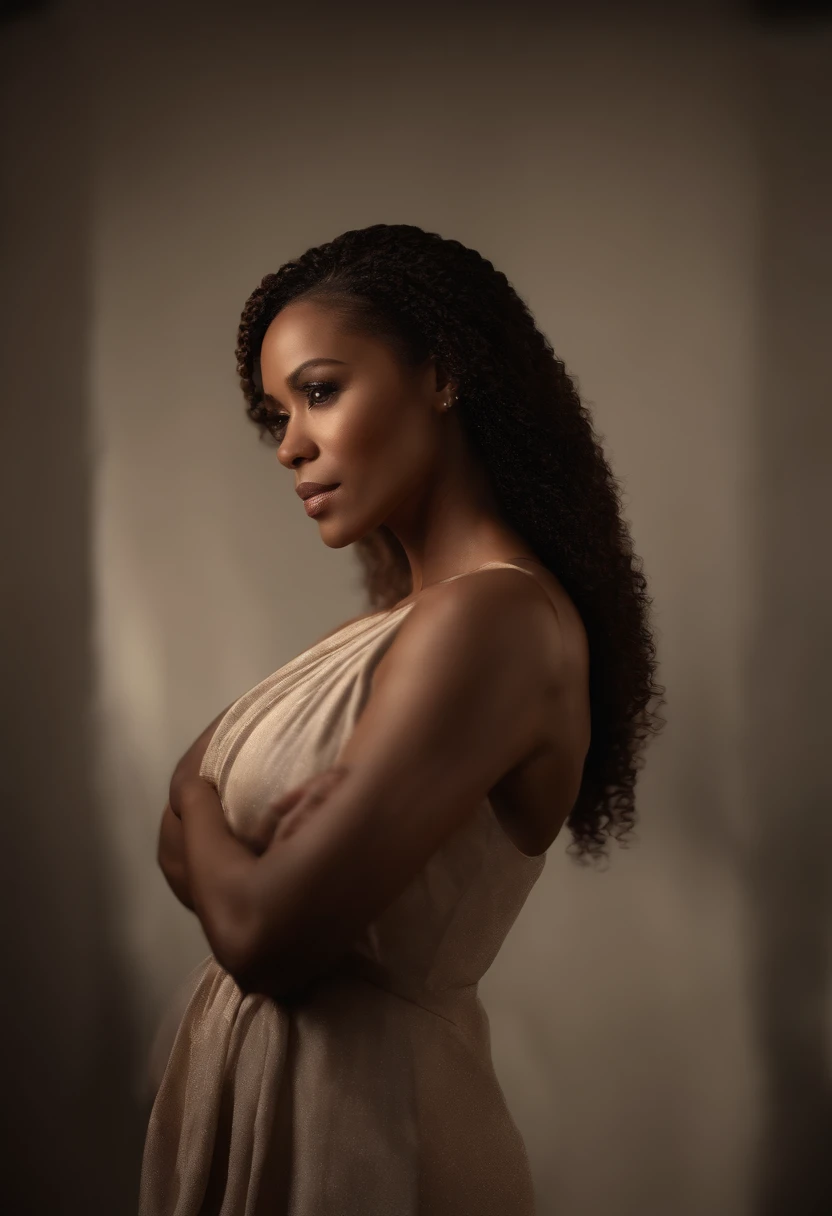 ((Best quality)), ((Hyper-Resolution)), ((Photorealistic:1.4)), (Complex details), African American woman, A half body, Very beautiful and elegant African American woman, 35yo,55 kg, Sexy, Brown hair, Perfect face, The light on her face, detail in face, She shoots in the studio