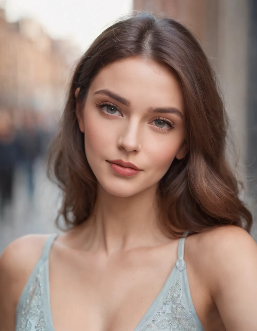 a selfie (masterpiece, best quality), beautiful woman, detailed sleeveless turtleneck, pants, necklace, wavy hair, perfect face, beautiful face, seductive, big beautiful eyes, open mouth, happy, perfect slender body , (outdoors), city streets, New York, bright colors,upper body