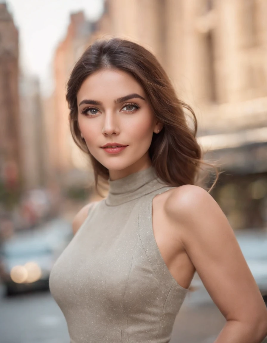 a selfie (masterpiece, best quality), beautiful woman, detailed sleeveless turtleneck, pants, necklace, wavy hair, perfect face, beautiful face, seductive, big beautiful eyes, open mouth, happy, perfect slender body , (outdoors), city streets, New York, bright colors，upper body