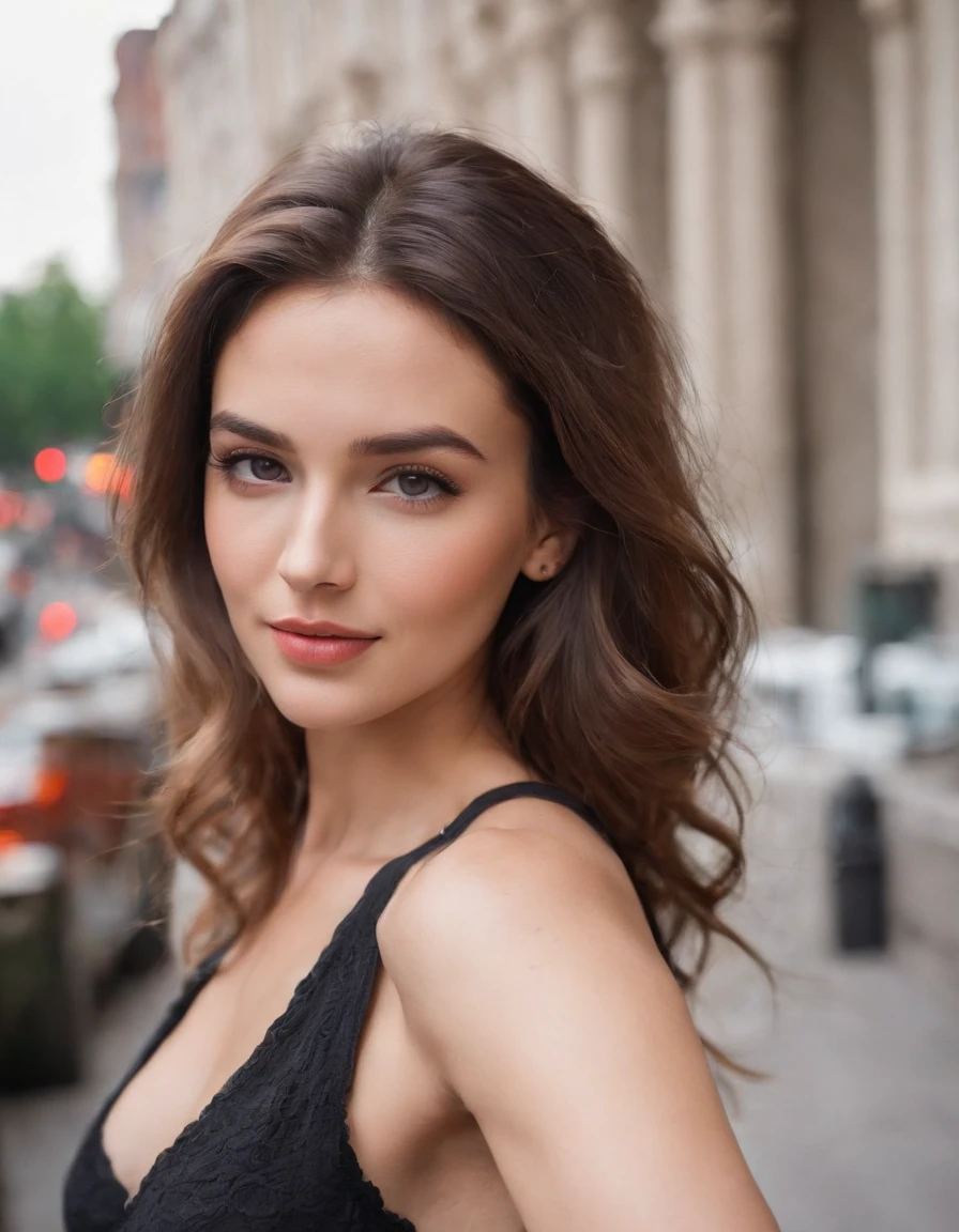 a selfie (masterpiece, best quality), beautiful woman, detailed sleeveless turtleneck, pants, necklace, wavy hair, perfect face, beautiful face, seductive, big beautiful eyes, open mouth, happy, perfect slender body , (outdoors), city streets, New York, bright colors,upper body
