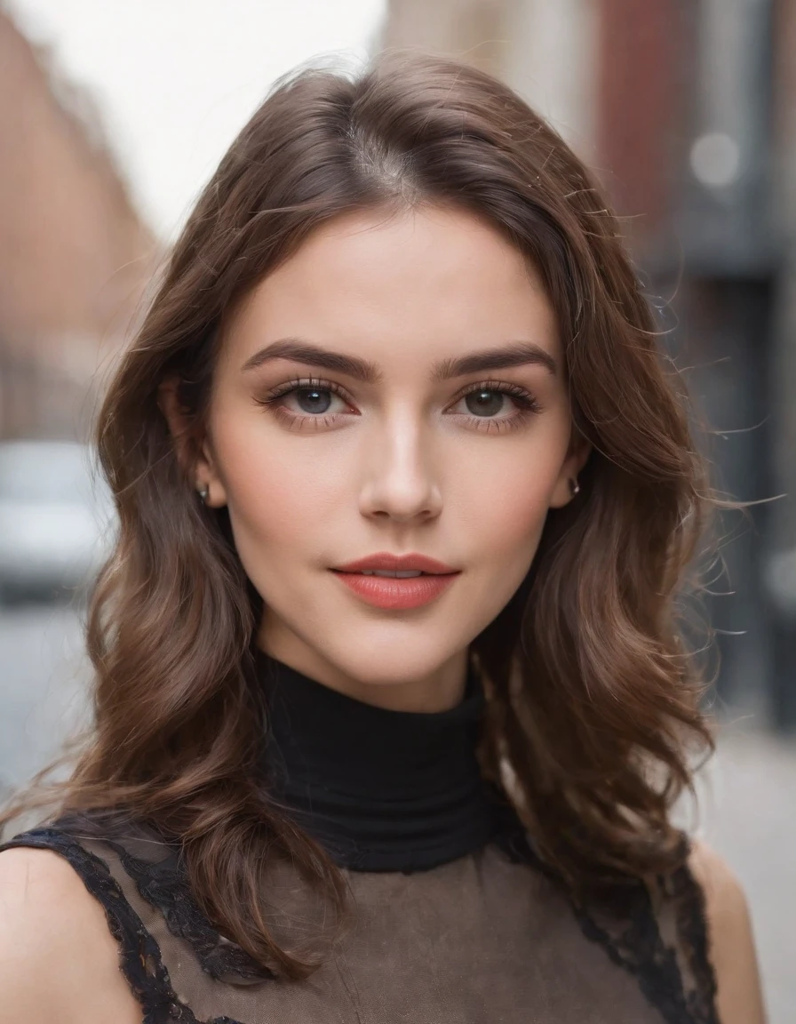 a selfie (masterpiece, best quality), beautiful woman, detailed sleeveless turtleneck, pants, necklace, wavy hair, perfect face, beautiful face, seductive, big beautiful eyes, open mouth, happy, perfect slender body , (outdoors), city streets, New York, bright colors,upper body