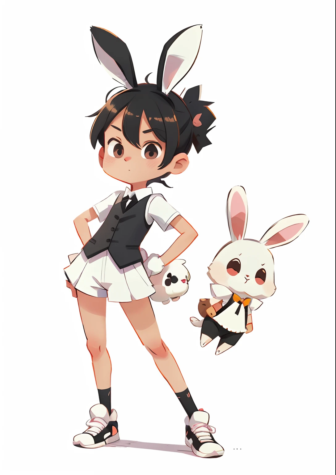 Cartoon bunny with black vest and white shirt, cute anthropomorphic bunny, original chibi bunny girl, bunny leg, Rabbit, with long floppy rabbit ears, anthropomorphic rabbit, cute character, with big rabbit ears,with bunny ears