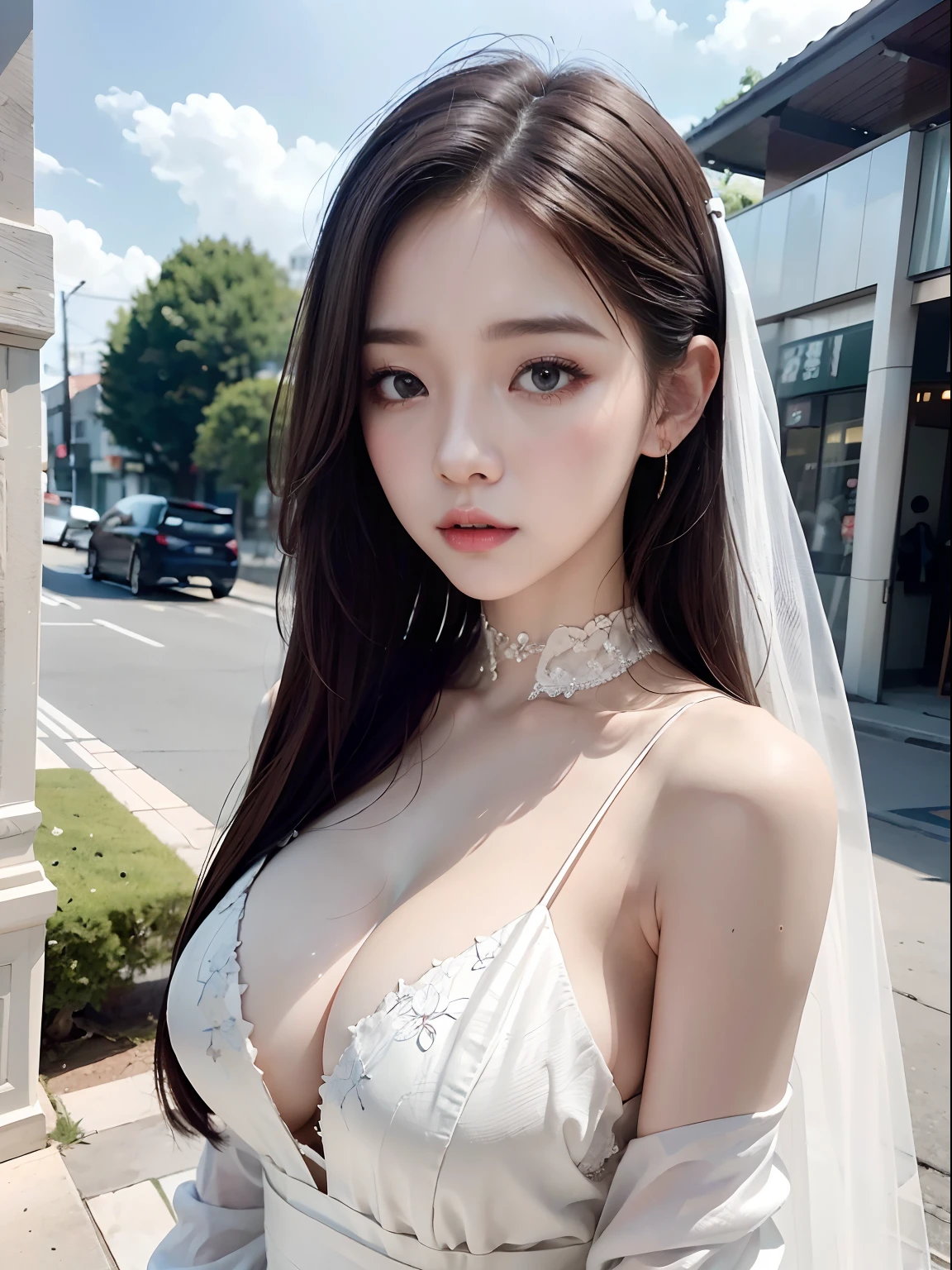 Alafed woman in casual wear, pale porcelain white skin, guweiz, guweiz masterpiece, artwork in the style of guweiz, soft portrait shot 8 k, Pale Young Ghost Girl, Porcelain white skin, By Russell Dongjun Lu, light milky white porcelain skin, elegant lady with alabaster skin,In the street