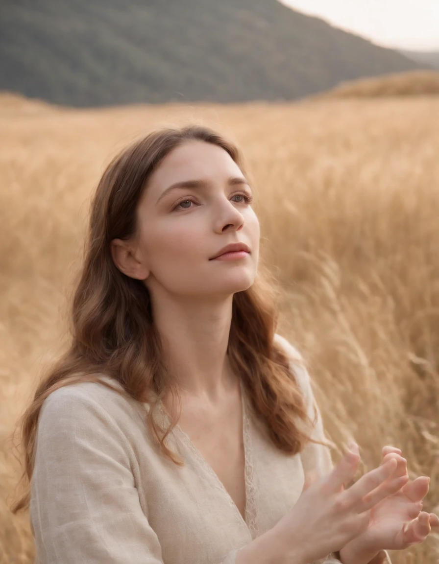 woman meditating in nature with mountain background, in the style of light yellow and light orange, candid moments, patricia piccinini, joyful and optimistic, y2k aesthetic, daniel ridgway knight, high quality photo,upper body