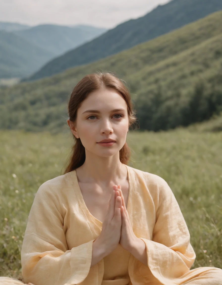 woman meditating in nature with mountain background, in the style of light yellow and light orange, candid moments, patricia piccinini, joyful and optimistic, y2k aesthetic, daniel ridgway knight, high quality photo,upper body