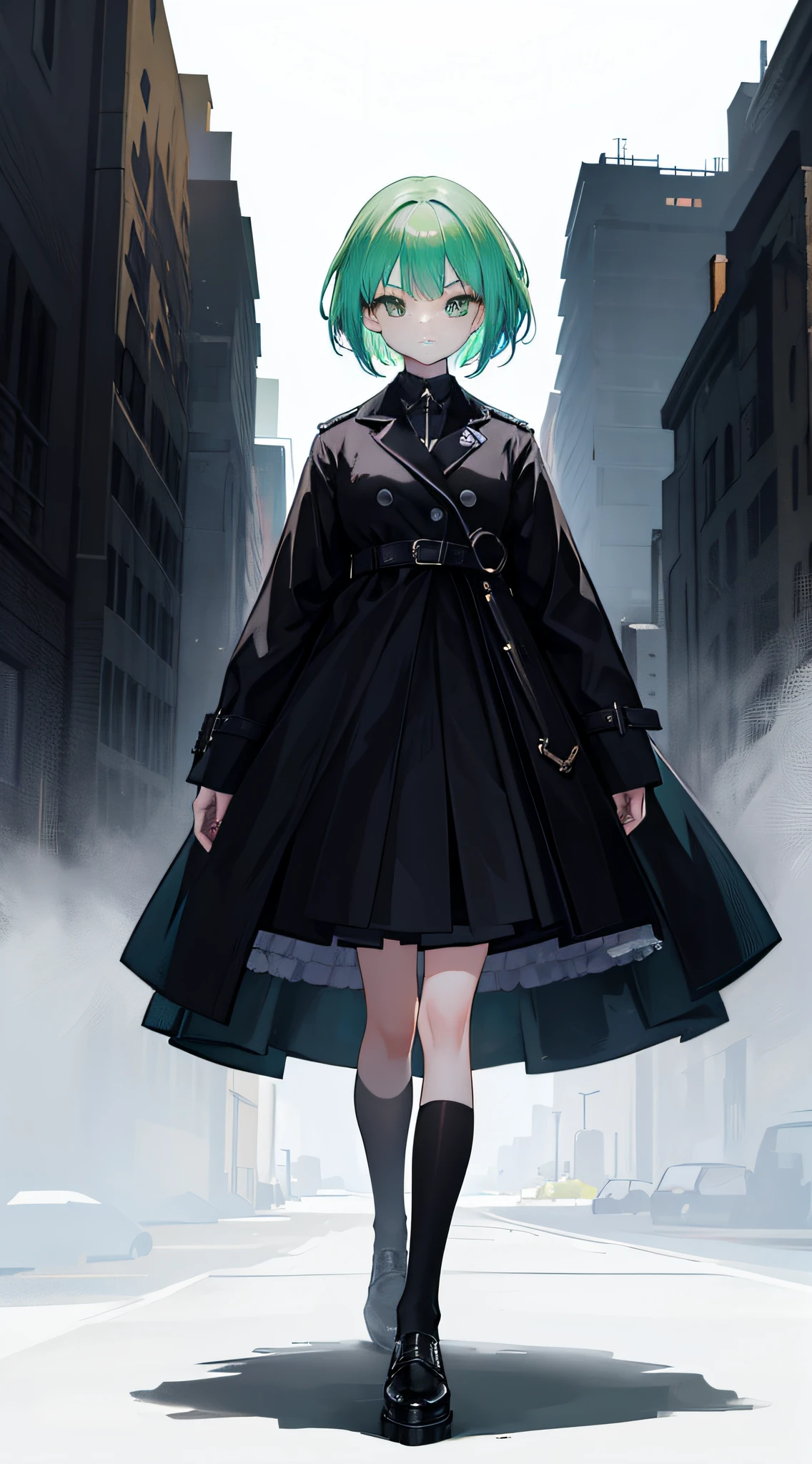 A girl with green hair, short hair, a forehead mark, and hollow eyes stands in a panorama. She has a determined expression on her face. The girl is dressed in a black coat and black shoes. Around her, there is a drop shadow that adds depth to the scene. The overall image quality is of the best quality, with a high resolution of 4k or 8k. The details of the girl's appearance, such as her hair and eyes, are ultra-detailed and realistic. The artwork has a vibrant color palette and is created using the medium of digital illustration.