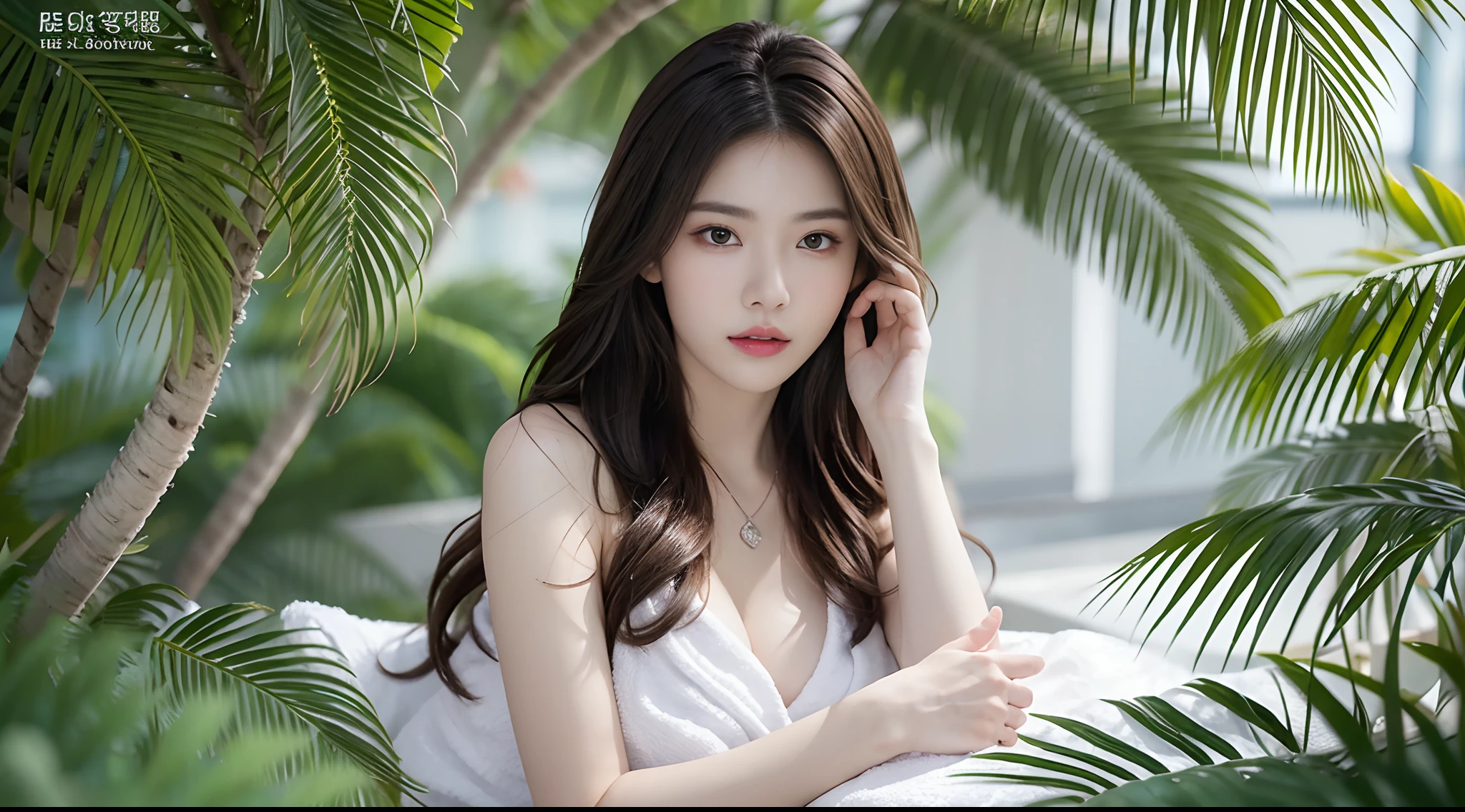 (Raw-Photo)、(masterpiece、Top Quality:1.3、ultra-definition)、(ultra detailed 8k cg:0.4)、(A hyper-realistic:1.35)、(Photorealcitic:1.45)、(realisitic:1.5)、seaside, waves, palm tree、tits huge, stand up、(((Cover the front with a thin towel、hand between legs、Hold the towel with your hands)))、Beautiful women、25 Years Old、supermodel、Perfect Figure:1.4、(Curved chest)、((photorealistic lighting))、Clear Focus:1.2、break、 1girll、Perfect Body Beauty:1.4、Slim Abs:1.1、((Dark-brown hair:1.2))、(Accelerate:1.4)、bangss、(Slim Faces、Microscopic eyes、Narrow Eyes)、Double eyelidd、((closed mouth))、length hair、Front view、fluttering hair、cleavage of the breast、necklaces、