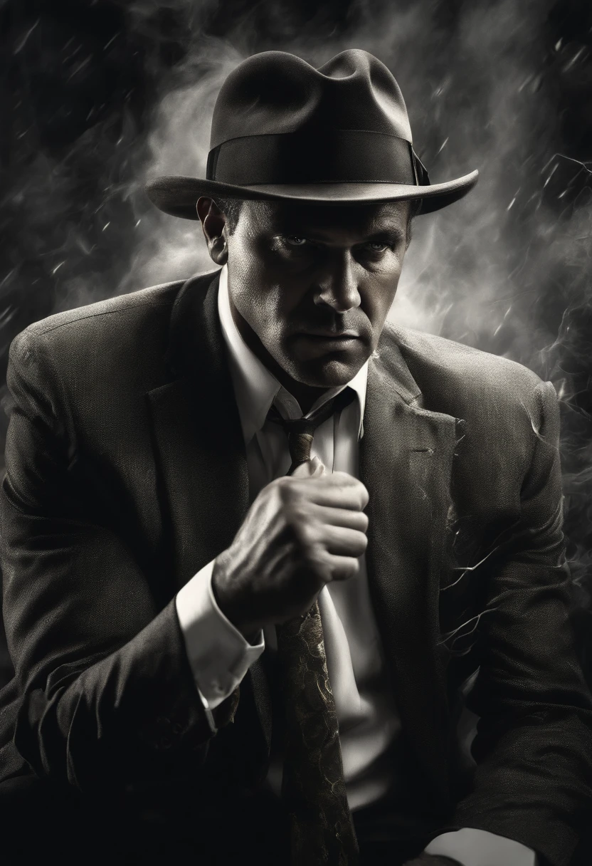 Man fighting money, Oil Painting, Harsh brush strokes, Dramatic Lighting, intense expression, Determined eyes, hold fists, sweat dripping down his face, Wrinkled suit, broken chains, Crumbling dollar bills, Crumbling Stock Market Graph, Smoke rises in the background, Black and white with a touch of gold, Realism. (Best Quality, hight resolution, Ultra-detailed), (Realistic:1.37), Professional, Vivid colors.
