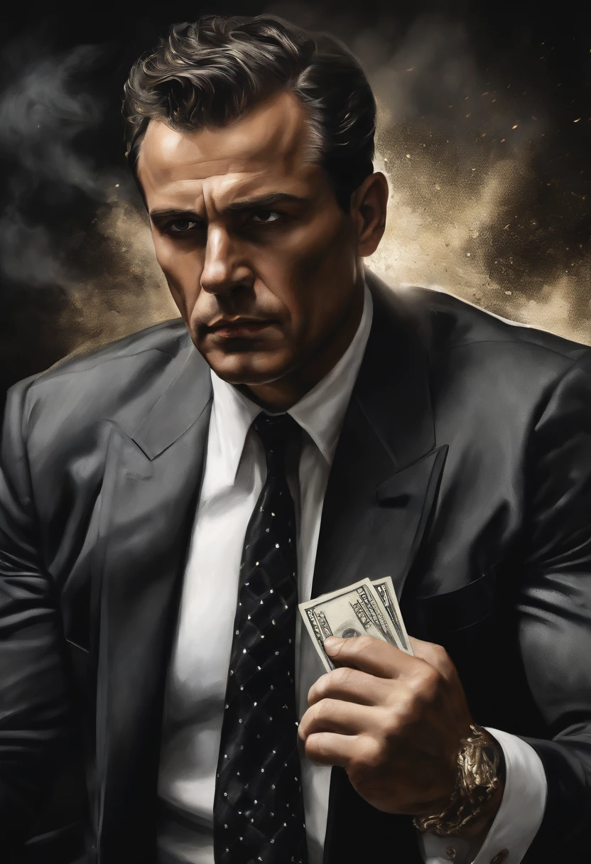 Man fighting money, Oil Painting, Harsh brush strokes, Dramatic Lighting, intense expression, Determined eyes, hold fists, sweat dripping down his face, Wrinkled suit, broken chains, Crumbling dollar bills, Crumbling Stock Market Graph, Smoke rises in the background, Black and white with a touch of gold, Realism. (Best Quality, hight resolution, Ultra-detailed), (Realistic:1.37), Professional, Vivid colors.
