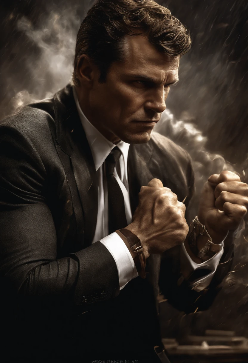 Man fighting money, Oil Painting, Harsh brush strokes, Dramatic Lighting, intense expression, Determined eyes, hold fists, sweat dripping down his face, Wrinkled suit, broken chains, Crumbling dollar bills, Crumbling Stock Market Graph, Smoke rises in the background, Black and white with a touch of gold, Realism. (Best Quality, hight resolution, Ultra-detailed), (Realistic:1.37), Professional, Vivid colors.