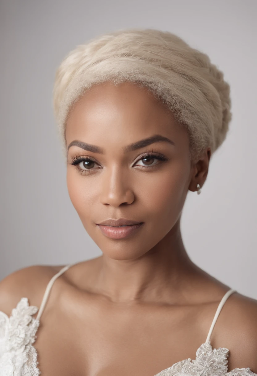 ((Best quality)), ((Hyper-Resolution)), ((Photorealistic:1.1)), (Complex details), African American woman, A half body, Very beautiful and elegant African American woman, 35yo，55 kg, Sexy, Off-white hair, Perfect hair, Fine strands of hair, detail in face, She shot against a white wall background