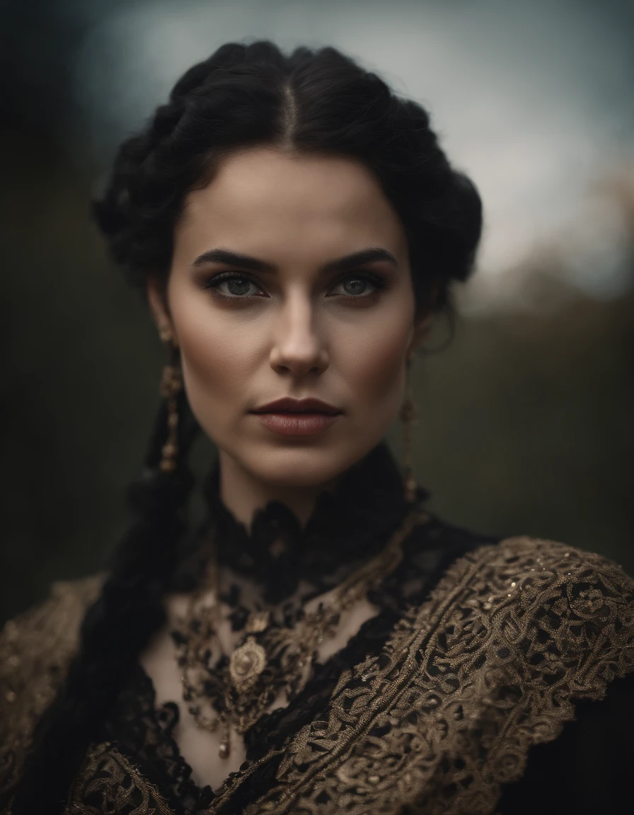 Cinematic portrait, ((Upper body)), Facing the audience, (reality :1.3), most beautiful artwork photo in the world, A woman looks at the camera, gothic clothing, Detailed beautiful face, action shot, (Intricate :1.4), Simple background, globalillumination, Photorealistic, CG, Art Station