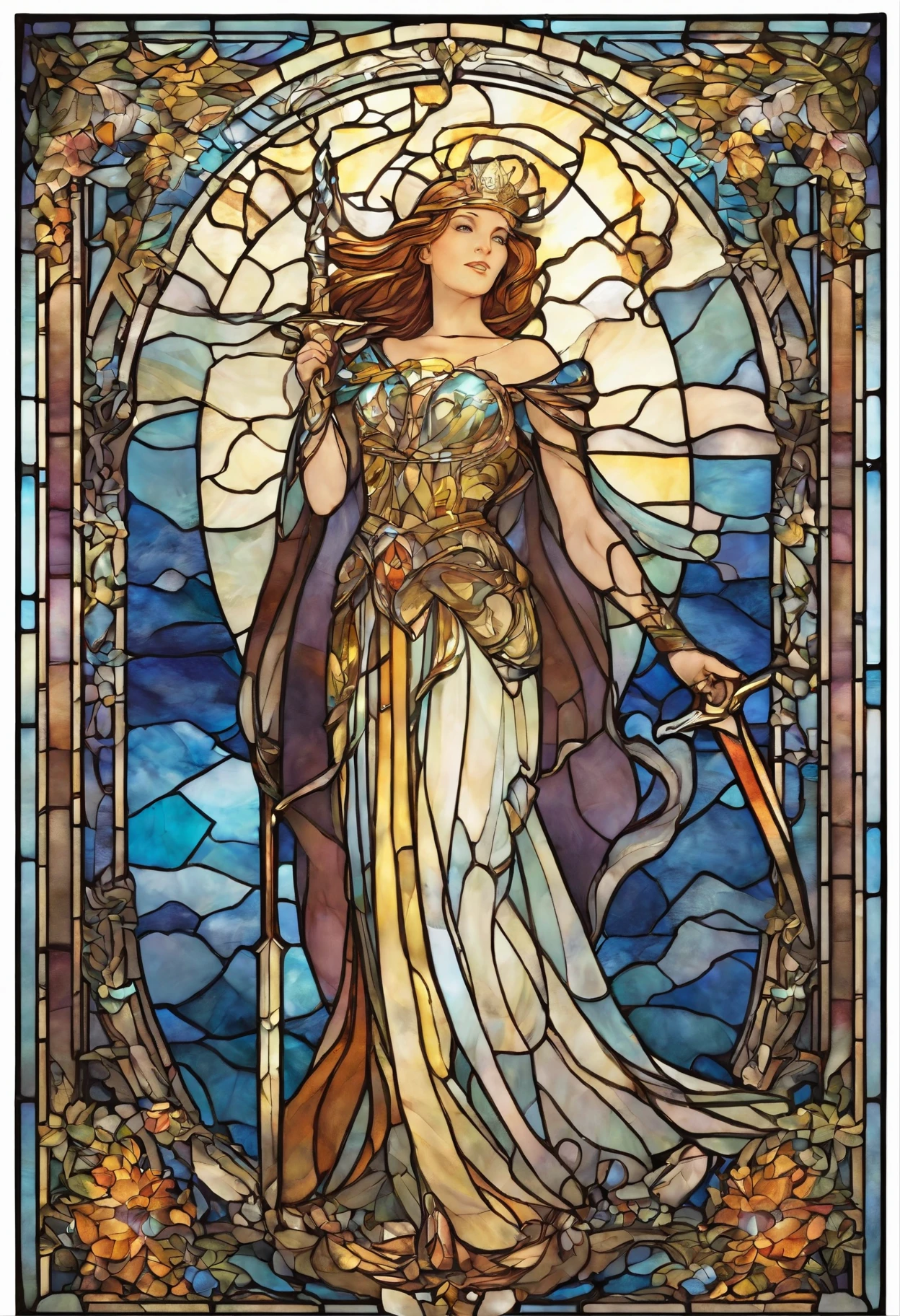 Hero of light, holding a shimmering sword into air, art nouveau, extremely detailed, absurdes