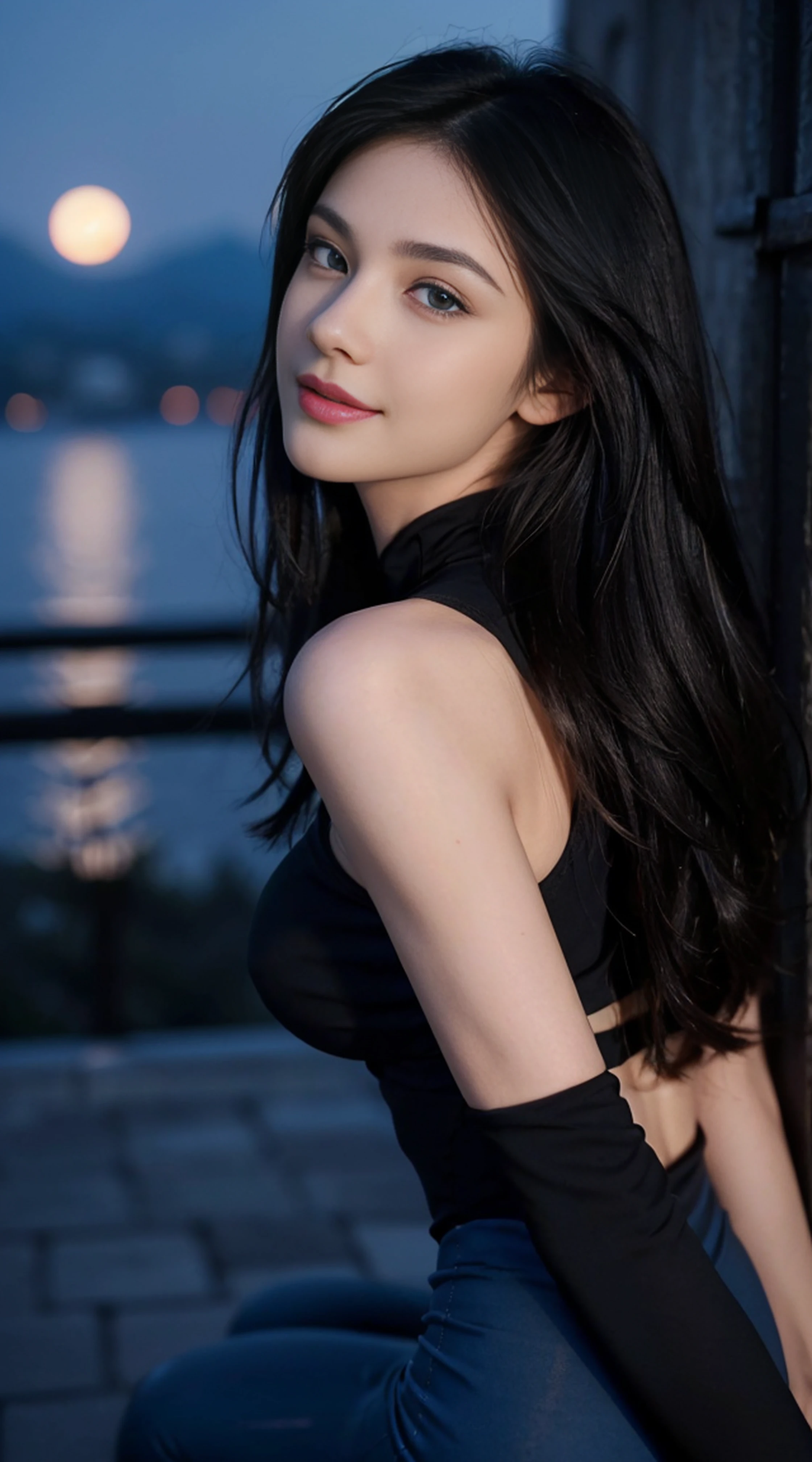 8K, Top Quality, Intricate Details, Ultra Detail, Ultra High Resolution, Masterpiece, random angle, Slender, Smile, (Makeup: 0.4), (Fluffy Blue Eyes: 1.21), blue Eyes, looking at viewer, ((full body)), 1girl, solo, 1 girl, (( full body)), close up shot, , ((tall)), (((fit body))), (((slim face))), sharp face, sharp eyes, (((black hair, long hair, )) (detailed face), sharp face, small lips,
((Leggings)), detailed face, detailed breast, , large breast, detail ass, , Beautiful girl with accentuated slender abs: 1.4, Six Pack Abs: 1.4, Bust Botox, Big, Perfect Body, detail leg, (( moonlight)), top of mountain
