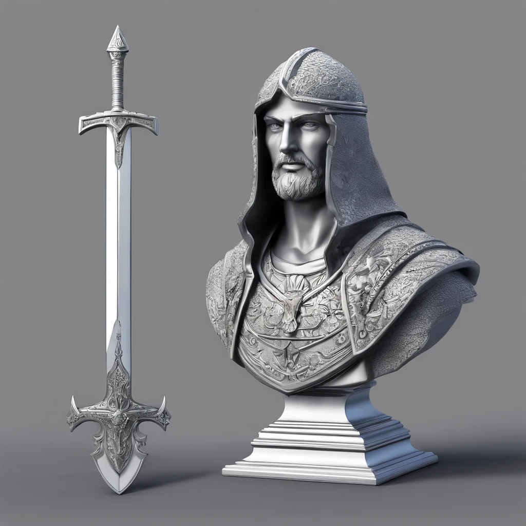 bust of a man with a sword, highly detailed character, high detail iconic character, fantasy assassin, male medieval assassin, holds a sword, bust portrait of an assassin, resin statue, medieval fantasy game art