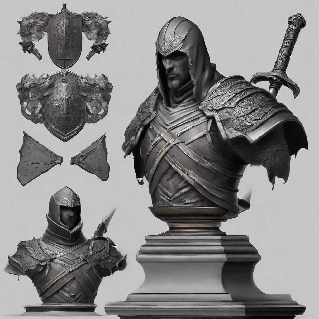 bust of a man with a sword, highly detailed character, high detail iconic character, fantasy assassin, male medieval assassin, holds a sword, bust portrait of an assassin, resin statue, medieval fantasy game art