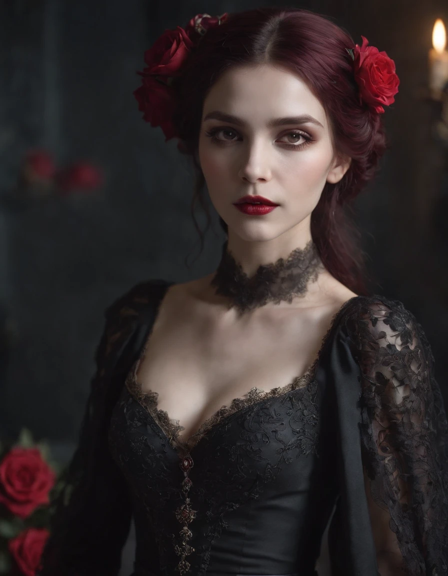((masterpiece)), Vampire princess, (absurdres, highres, ultra detailed),1girl, backlighting, bare shoulders, black background, black gothic dress, black and pink hair, blood, cowboy shot, dress, ornate ancient earrings, expressionless, roses, light particles, long hair, looking at viewer, off-shoulder gothic ancient boned design dress, rose petals, red eyes,upper body
