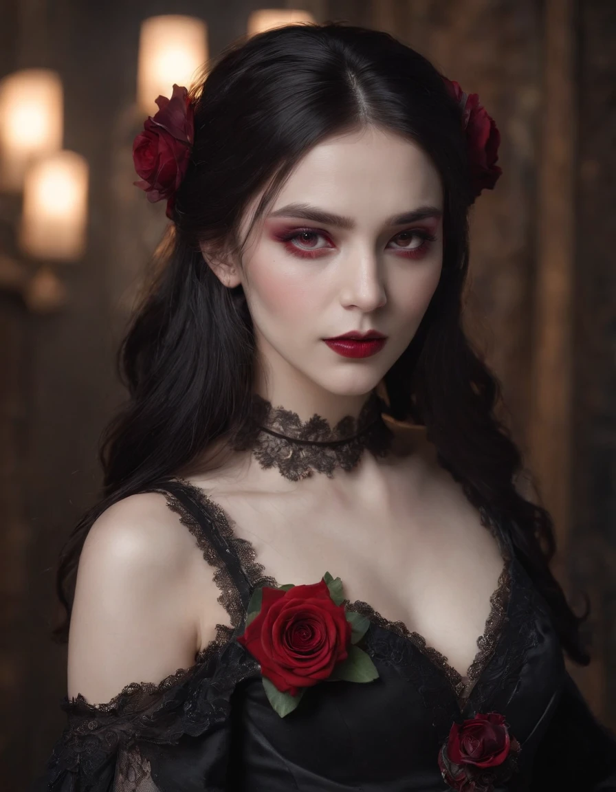 ((masterpiece)), Vampire princess, (absurdres, highres, ultra detailed),1girl, backlighting, bare shoulders, black background, black gothic dress, black and pink hair, blood, cowboy shot, dress, ornate ancient earrings, expressionless, roses, light particles, long hair, looking at viewer, off-shoulder gothic ancient boned design dress, rose petals, red eyes,upper body