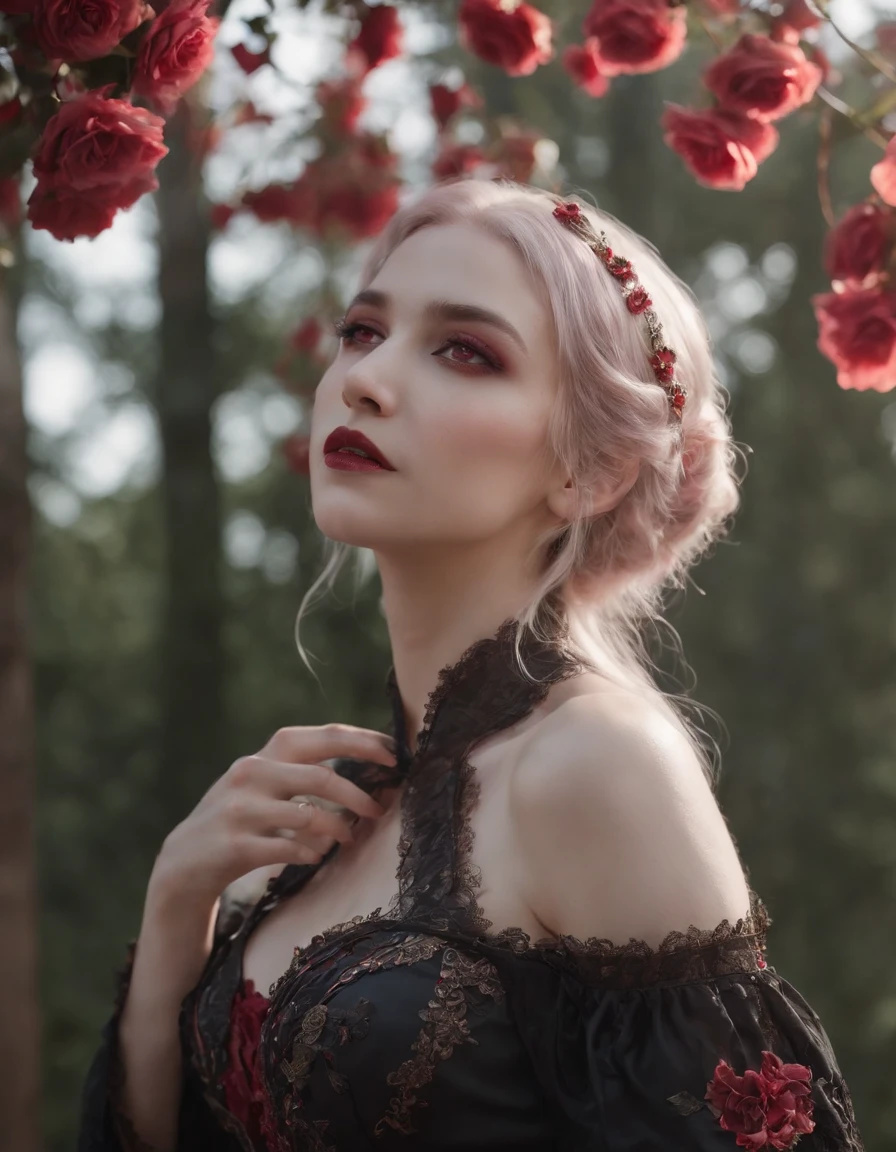 ((masterpiece)), Vampire princess, (absurdres, highres, ultra detailed),1girl, backlighting, bare shoulders, black background, black gothic dress, black and pink hair, blood, cowboy shot, dress, ornate ancient earrings, expressionless, roses, light particles, long hair, looking at viewer, off-shoulder gothic ancient boned design dress, rose petals, red eyes,upper body