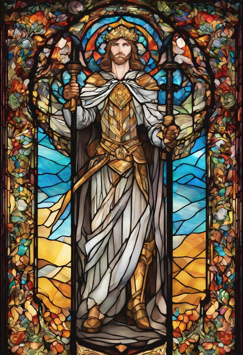 Hero of light, holding a shimmering sword into air, stained glass portrait, extremely detailed, absurdes