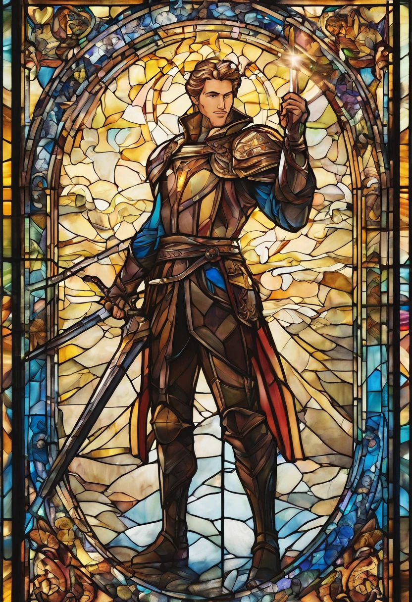 Hero of light, holding a shimmering sword into air, stained glass portrait, extremely detailed, absurdes