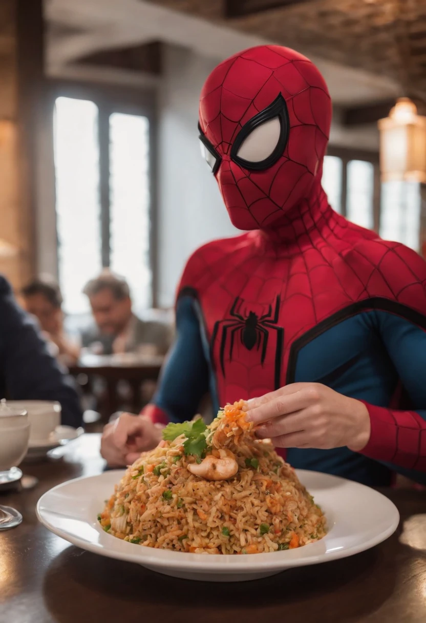 Cinematographer, ultra realista, Ropa detallada, Bellamente detallado, UHD, HDR, Altas Resoluciones, ultra detallado, Detalles intrincados, Efectos texturales, absurdos, obra maestra, 8k:1.2. En esta imagen, vemos a Spider-Man en un inusual descanso de sus actividades heroicas. He's standing in a chic Asian restaurant in his iconic costume.................... Spider-Man holds a bowl of Chinese fried rice mixed with oriental stir-fried noodles in his hands skillfully.., usando unos elegantes palillos chinos para llevar un bocado a su boca. The plate is full of fried rice, salteado. The restaurant is decorated with traditional Chinese elements, como linternas rojas colgando del techo y dragones dorados esculpidos en las paredes. The dim light of the lanterns creates a warm and welcoming atmosphere in the place.