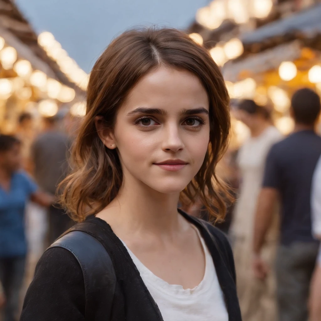 Emma Watson, leather jacket, white t-shirt, buying vegetables, Indian market, busy street, monochromatic light, night time, round spectacles, extra detailed, cute smile

(best quality, 4k, 8k, highres, masterpiece:1.2), ultra-detailed, (realistic, photorealistic, photo-realistic:1.37), HDR, UHD, studio lighting, ultra-fine painting, sharp focus, physically-based rendering, extreme detail description, professional, vivid colors, bokeh, portraits, landscape, horror, anime, sci-fi, photography, concept artists

(subtle, muted, warm:0.9) color palette, (soft, dim:0.9) lighting, bustling crowd, vibrant cart sellers, fresh produce, colorful textiles, aromatic spices, intricate patterns, diverse cultural elements, architectural beauty, exotic atmosphere

Notes:
- Ensure that Emma Watson's eyes, nose, and lips are described as "beautiful detailed eyes," "beautiful detailed lips," "extremely detailed eyes and face," and "long eyelashes" to avoid randomly generated facial features.
- Relevance to the main theme, including the appearance, emotions, clothing, posture, perspective, actions, and background.
- Although additional details are optional, ensure overall harmony and avoid conflicting with the main theme.
- Tag content should be in English and limited to keywords or phrases.
- Avoid explanations or sentences in the output prompt.
- Use English commas as separators.
- The order of tags should be based on importance, from high to low.
- The maximum limit is 40 tags and 60 words.

Remember, the prompt should not include any explanations.