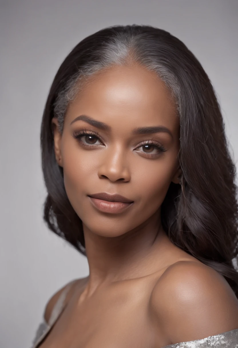 ((Best quality)), ((Hyper-Resolution)), ((Photorealistic:1.1)), (Complex details), African American woman, A half body, Very beautiful and elegant African American woman, 35yo，55 kg, Sexy, Grandma gray hair, Black gray hair color, Perfect hair, Fine strands of hair, detail in face, She shot against a white wall background
