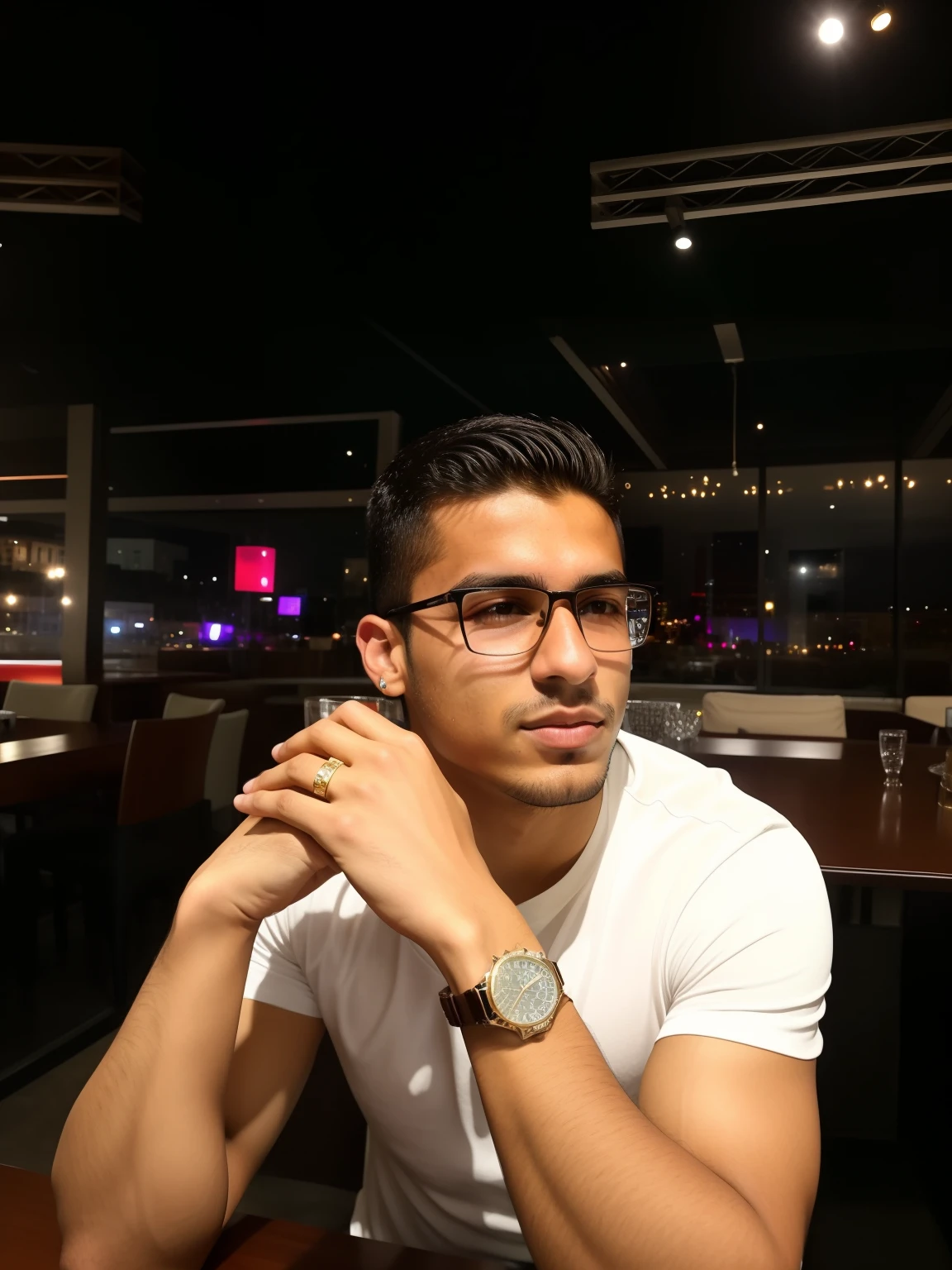 there is a man sitting at a table with a watch on his wrist, cerca de 20 yo, andres rios, Mohamed Chahin, Aykut Aydogdu, Alex, em torno de 1 9 anos, Cristiano Orrillo, 21 anos, 18 anos, Emad Mostaque, 2 3 anos, Saadane AFIF