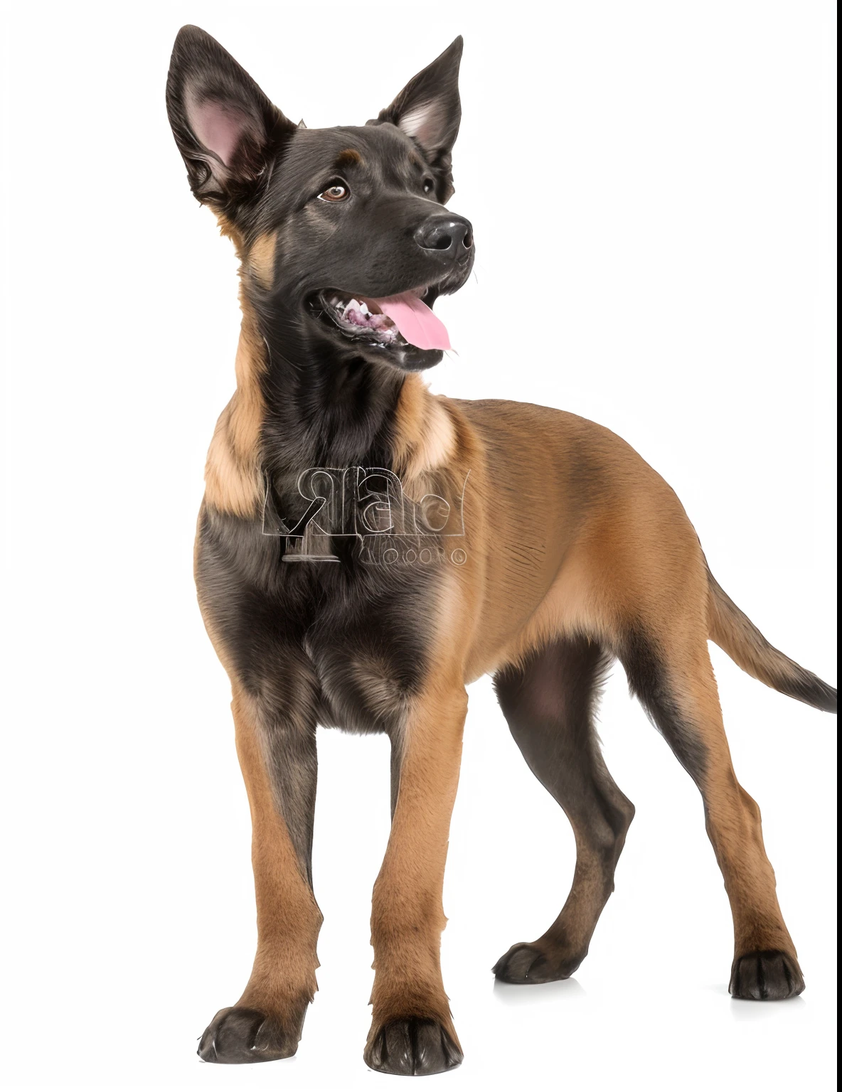 The Allafed dog stands on a white surface with its tongue sticking out, German Shepherd, beautiful photograph, highly detailed photo of happy, doggy, high-resolution details, looking away from camera, a Dog, Sharp ears, front poses, adult dog, an afghan male type, very tasty, K9, Breed: Russian brown toy terrier, extremely detailed frontal angle