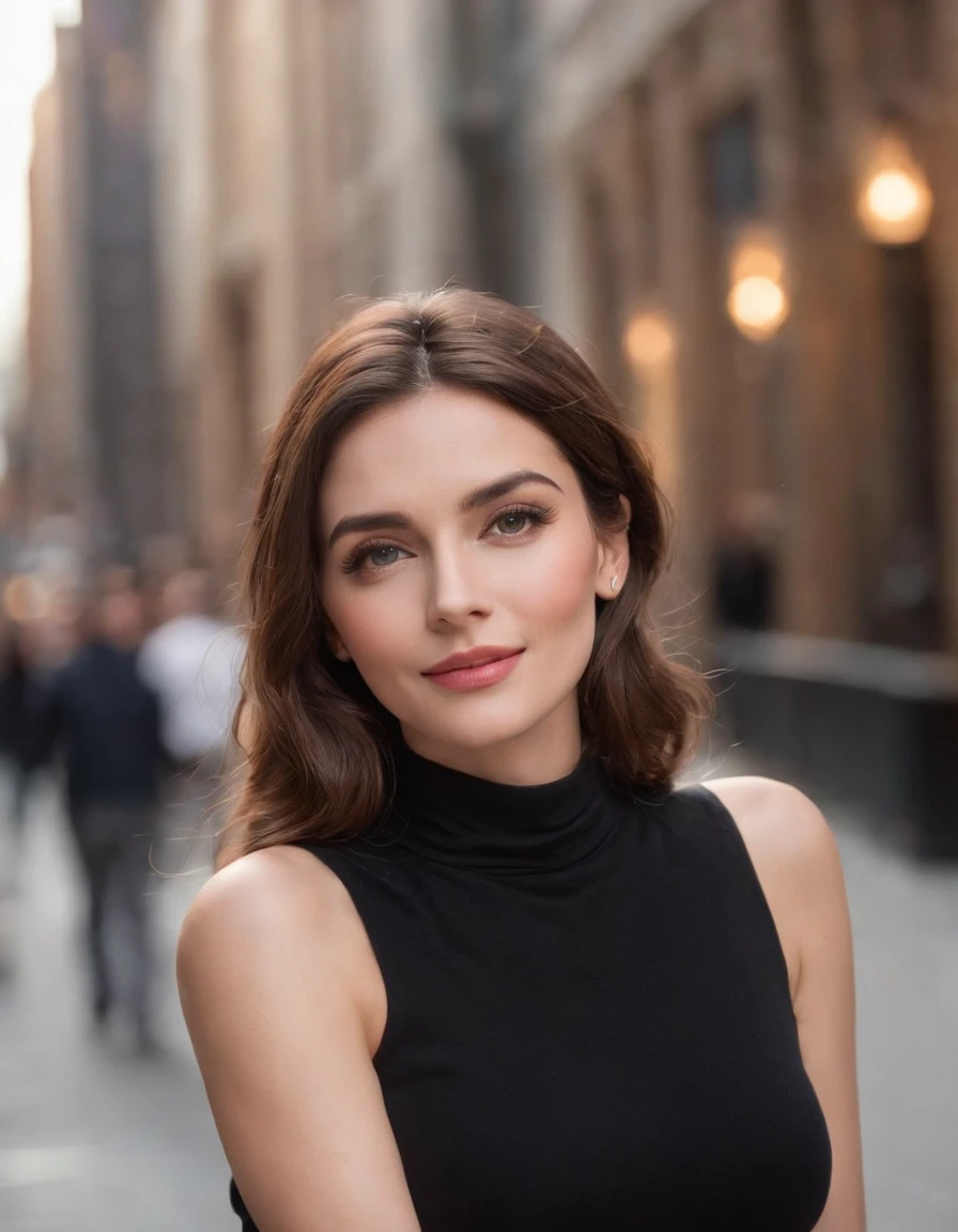 Movie set, movie shoot，a selfie (masterpiece, best quality), beautiful woman, detailed sleeveless turtleneck, pants, necklace, wavy hair, perfect face, beautiful face, seductive, big beautiful eyes, open mouth, happy, perfect slender body , (outdoors), city streets, New York, bright colors，upper body