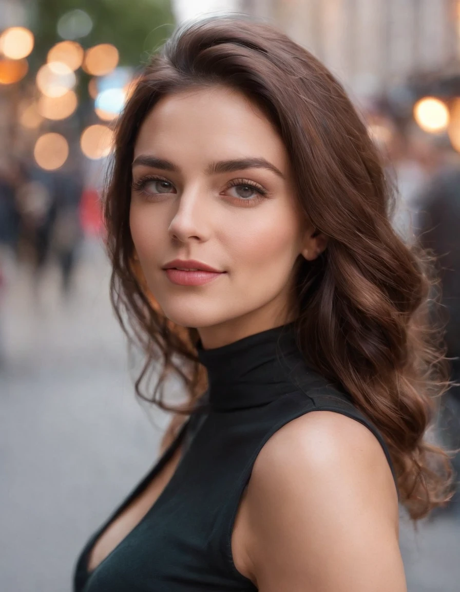 Movie set, movie shoot,a selfie (masterpiece, best quality), beautiful woman, detailed sleeveless turtleneck, pants, necklace, wavy hair, perfect face, beautiful face, seductive, big beautiful eyes, open mouth, happy, perfect slender body , (outdoors), city streets, New York, bright colors,upper body