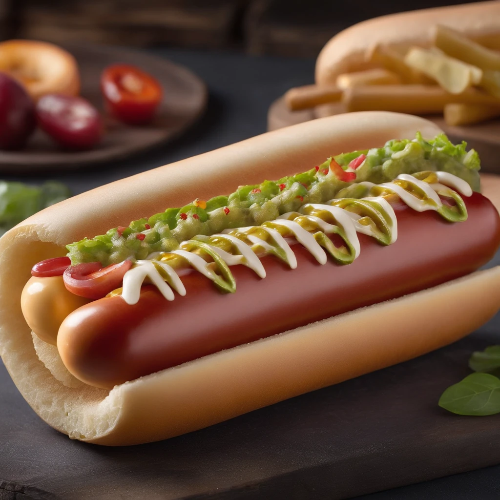Hot dog, cinemactic, fotografia profissional, studio illumination, studio background, advertising photography, detalhes intrincados, hiper-detalhado, Ultra realista, 8k UHD