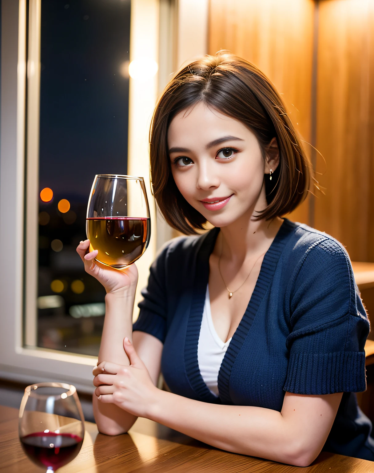 (64K, UHD, top quality, masterpiece: 1.2), (realistic, photorealistic: 1.37), super detailed, pretty woman 1 person, (slim face), (slim body), (brown hair), (short cut), cheeks slightly blushing, (44 years old), 38 years old, solo, beautiful detailed urban night view outside the window, restaurant, wine glasses sit, at night, in a prominent placeNovaFrogStyle, Actress, Model, Waist Up, White Wine, Slim, Wine Glass, Super Clean Night View, Wine Glass Put in the Middle, Happy Smile, (Smile: 1.15), Beautiful Fine Eyes, Upper Body, Bust Japan Up, Night, Short, Short, Actress, Model, Waist Up, White Wine, Slim, Wine Glass, Super Clean Night View, Wine Glass Put in the Middle, Happy Smile,