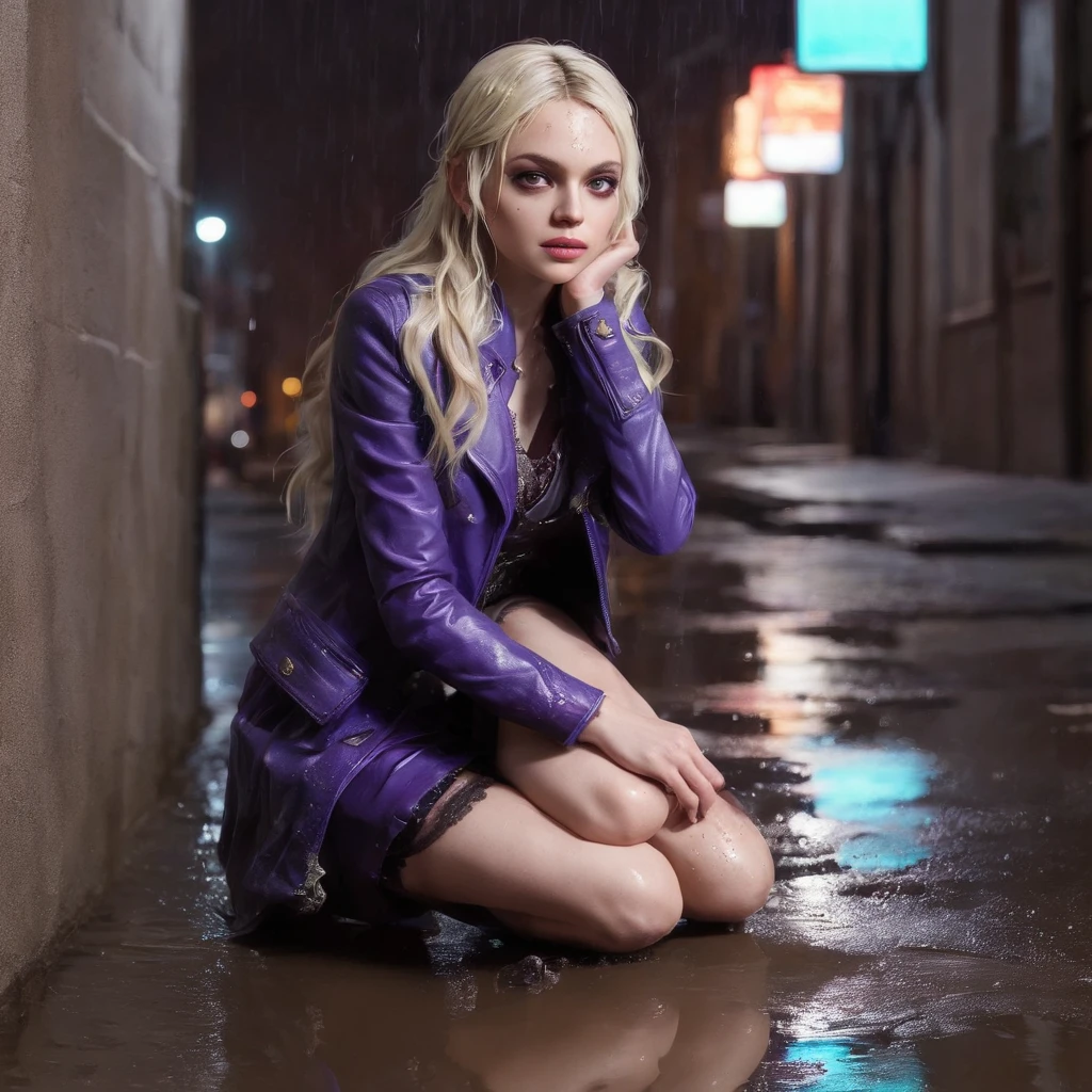 3d, hyper-realistic, sculpture of a Preteen fairy goth Mila Kunis sitting on the floor in an alley, pale skin, long blonde hair, looking messy, dripping makup with a bottle of wine in hand, wearing purple punk boots, (wedding dress garter:1.2), athletic and fit body, thin, flirty, looking happy challenging, looking at the camera, night, city lights (rain, puddles:1.5), realistic, HDR, UHD, dynamic, portrait shot,