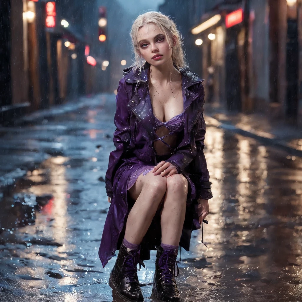 3d, hyper-realistic, sculpture of a Preteen fairy goth Mila Kunis sitting on the floor in an alley, pale skin, long blonde hair, looking messy, dripping makup with a bottle of wine in hand, wearing purple punk boots, (wedding dress garter:1.2), athletic and fit body, thin, flirty, looking happy challenging, looking at the camera, night, city lights (rain, puddles:1.5), realistic, HDR, UHD, dynamic, portrait shot,