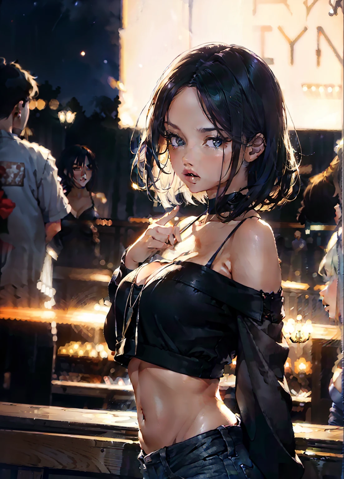 (Cinematic Digital Artwork: 1.3), High quality, masutepiece, of the highest quality, Super Detail, Illustration, [4K Digital Art]、 lndswgnr, (Sharp Focus: 1.5), (Moody lighting:1.2), depth of fields, Bokeh, 4K, nffsw. in door (by James C. Christensen:1.2|Jeremy Lipking:1.1)、 (Sharp Focus:1.2), Photo, attractive young woman, (Beautiful face:1.1), Detailed eyes, luscious lips, (Bold red lip color:0.85), (medium breasts:1.0), (Slim body:1.2), gals、croptop、Midriff、Off-shoulder、Bare shoulder、Forehead、Short hair、Straight hair、((((nightclubs)))), Dancing、Large crowds、big crowd、dance floor、