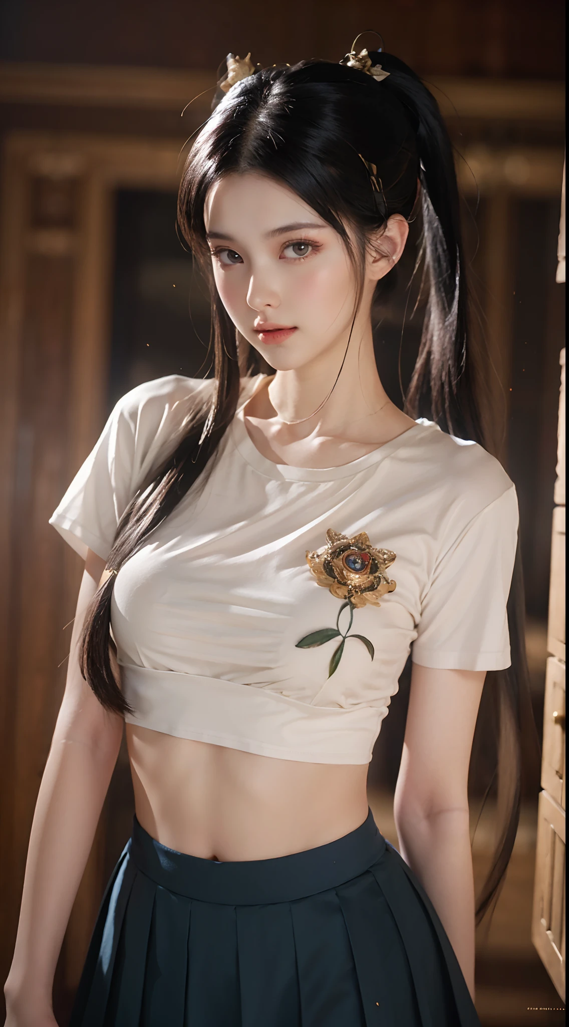 tmasterpiece,top Quority,(realisticlying,realisticlying:1.4),(RAW photos:1.2),Very delicate CG Unity 8K wallpaper,very delicate beautiful,Wonderful,Boxing pose,The attention to detail,offcial art,absurderes,Incredibly Ridiculous res,hugefilesize,Very fine,very refined,Beautiful eyes and face,Beautiful exquisite eyes,light in face,one-girl,pony tails,(pompons)nabel,A half body,PE uniform short sleeve crop top T-shirt, Bare arms, By bangs,nsfw